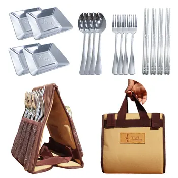 

Stainless Steel Fork Spoon Chopsticks Plates With Storage Bag Outdoor Sports Camping Picnic Tableware Cutlery Set Party Camping