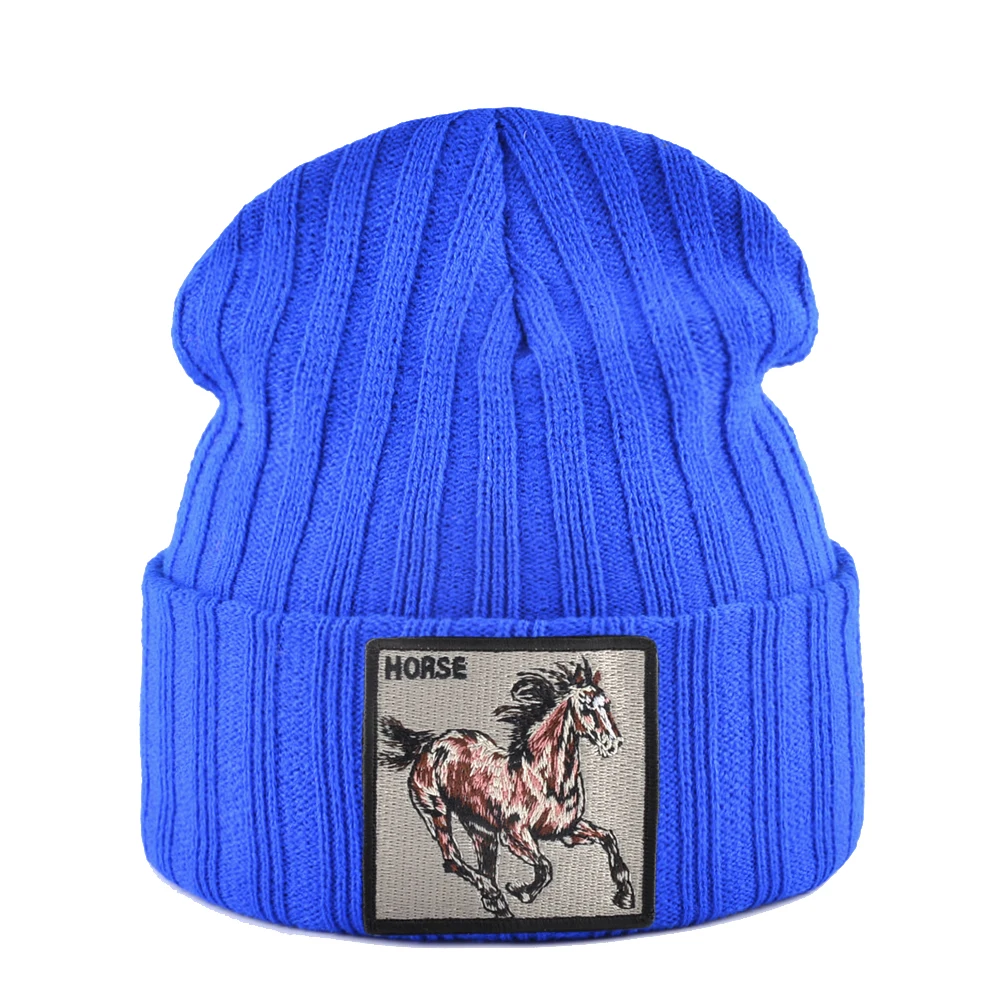Neue Skullies Mützen Mit Pferd Stickerei Patch Gestrickte Einfarbig Hüte Für Männer Frauen Outdoor Streetwear Motorhaube Kappe Jungen Hut – Detail 11