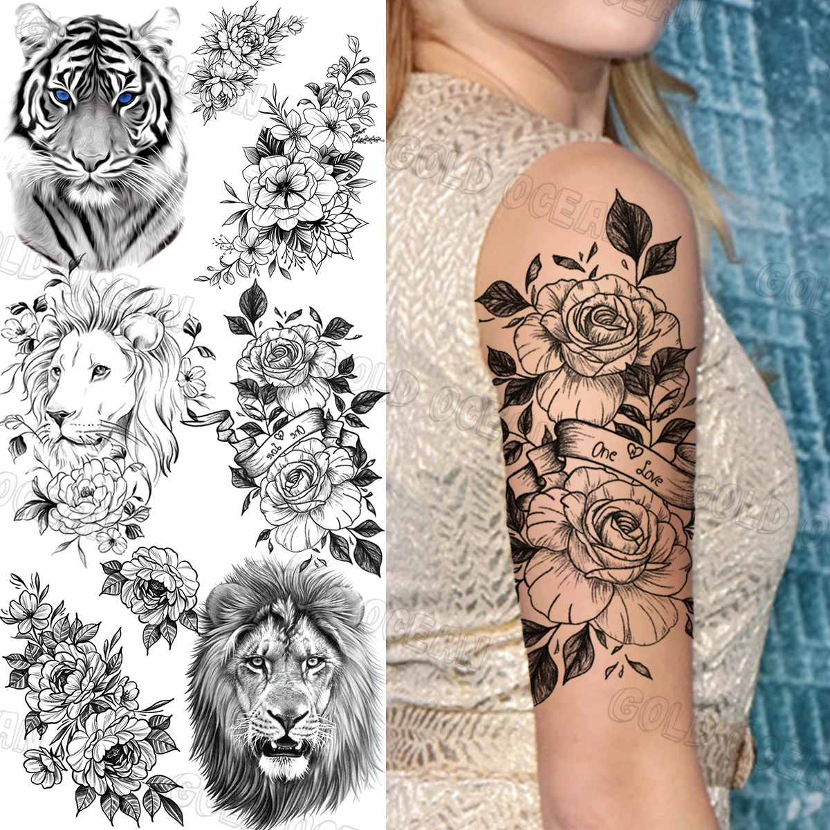 Tatouage Lion Avec Rose Femme Tatouages Temporaires Pour Femmes Adultes Hommes, Feuilles De Rose Noires  Réalistes, Faux Tatouage, Lion Tigre, Autocollant, Bras Sexy, Brassard -  Temporaire Tatouages - AliExpress