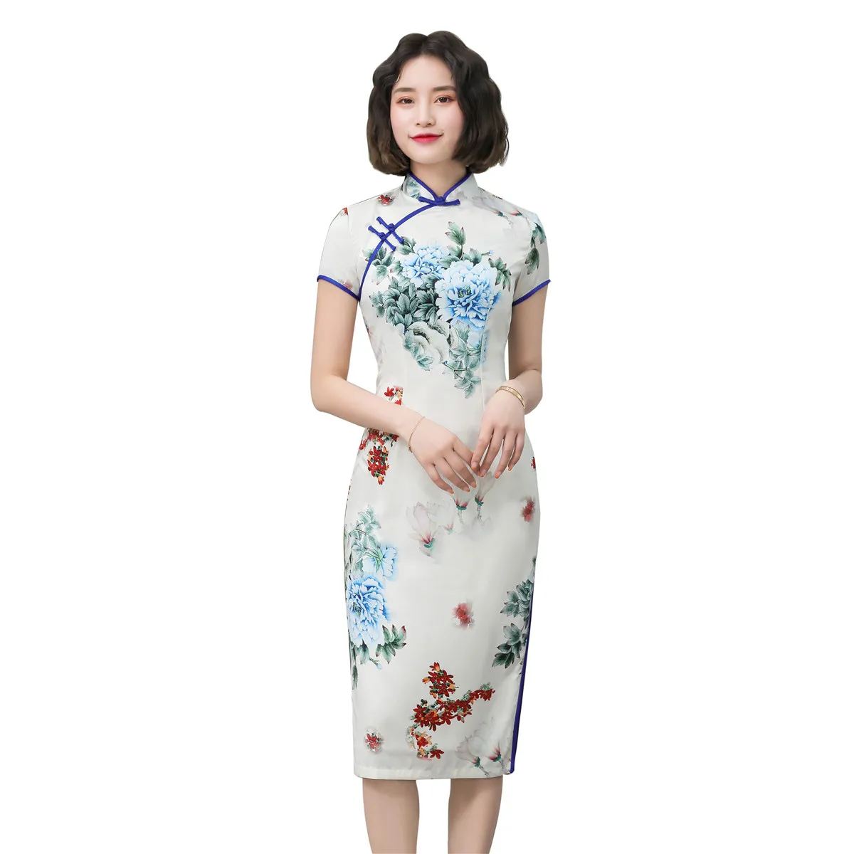 Shanghai Story Knee Length Floral Qipao Short Sleeve Chinese Style Cheongsam Dress 