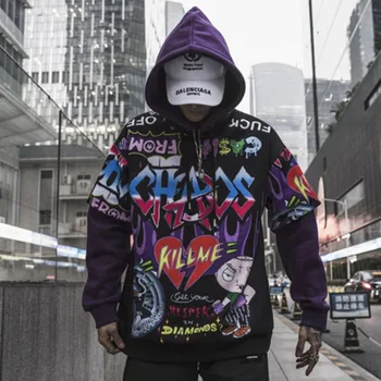 

Men autumn winter street graffiti cartoon hip hop hoodie women fake two piece harajuku punk sweatshirt sudadera hombre