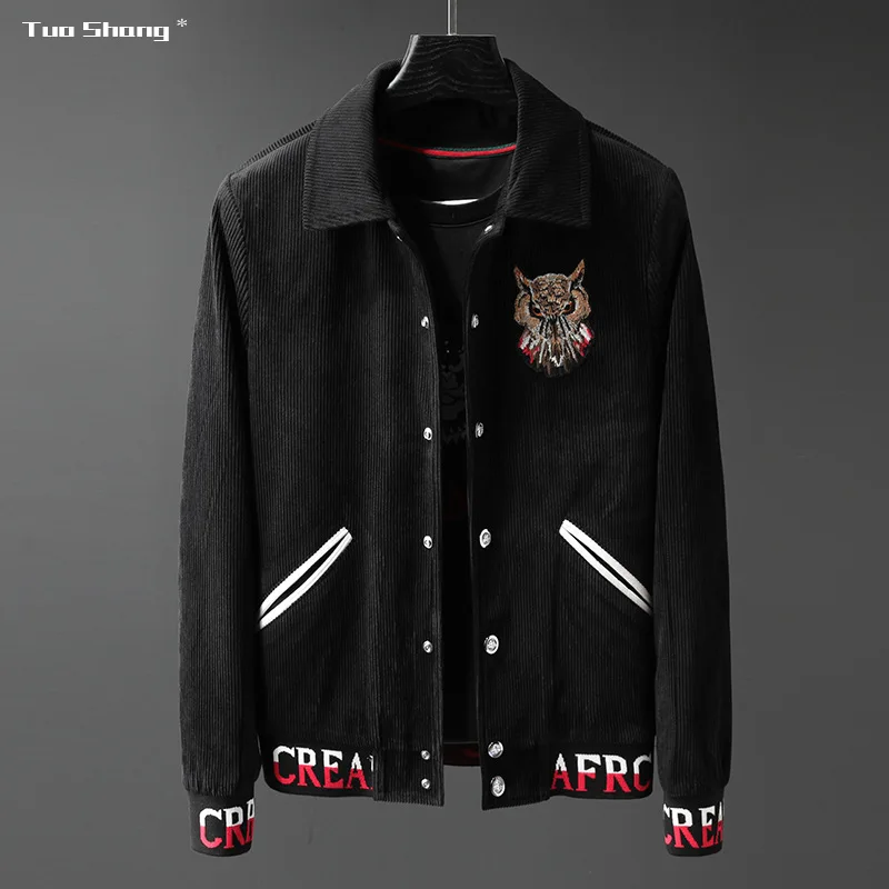 2019 модная мужская куртка с вышивкой совы черная уличная отложным воротником