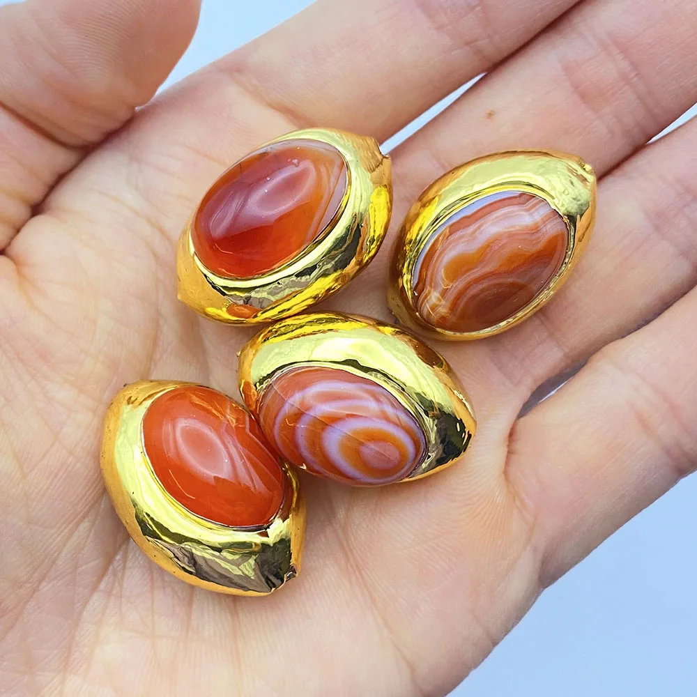 5pcs Natural Orange Stripe Agate Gemstone Gold Plated Copper Connector Spacer Bead DIY Bracelet Necklace Pendant Gift