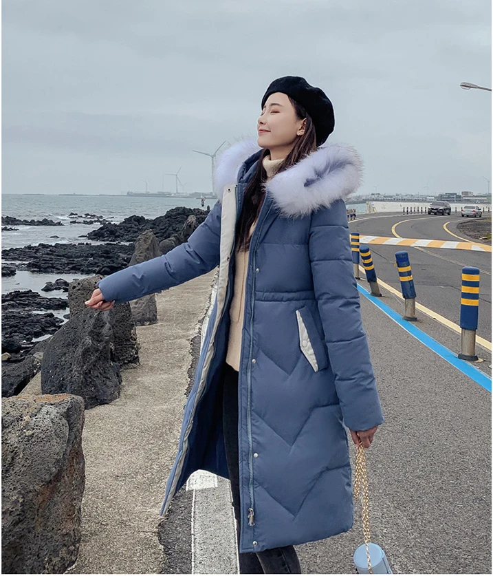 Ins Winter New Women's Hooded Down Parka Long Jacket Casual Big Fur Zipper Full Sleeve Korean Style Thick Coat C90802K - Цвет: Fog Blue