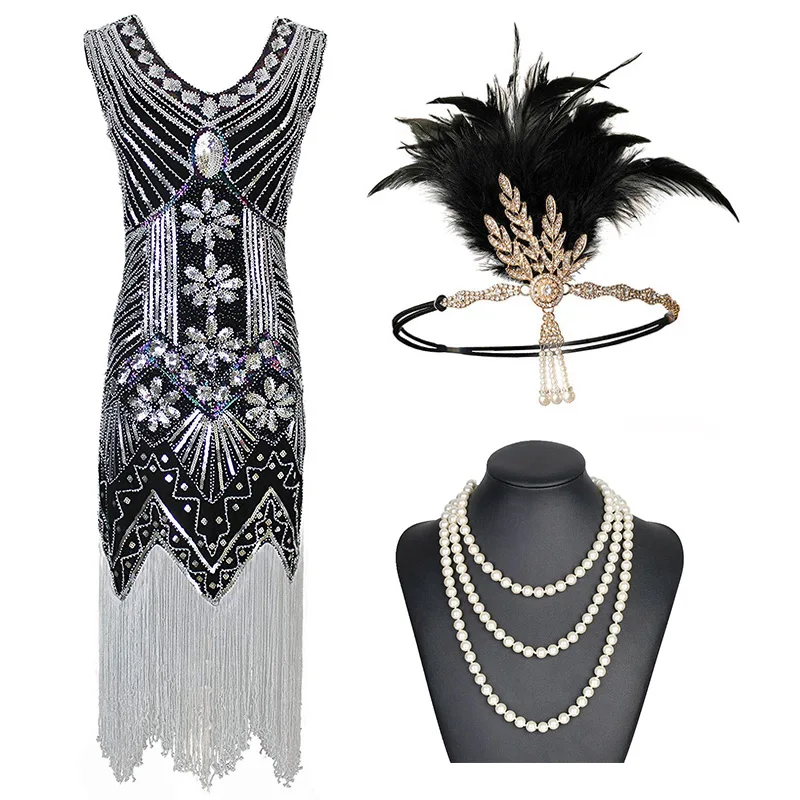 Black Silver Set Винтажное платье размера плюс S1920s Gastby с блестками и сеткой в стиле модерн, украшенное бахромой, черный/зеленый/белый/золотой - Цвет: Black Silver Set