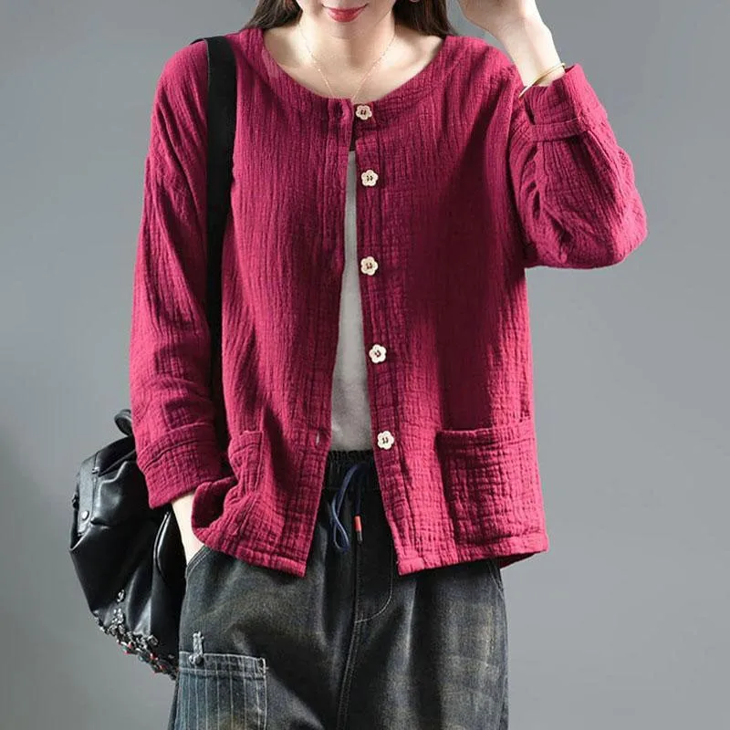 

Autumn New Arts Style Women Long Sleeve Loose Short Coat Double Pocket Cotton Single Breasted O-neck Coats Femme Jackets M301