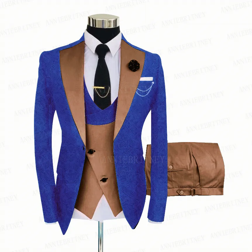 Royal Blue Men 3-Piece Suit Tailored Best Man Groom Wedding Tuxedo Slim Fit Jacquard Blazer Vest Pants Set