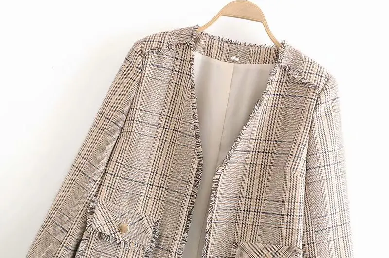 Vintage Stylish Frayed Tassel Houndstooth Tweed Jacket Coat Women Fashion Long Sleeve Pockets Plaid Outerwear Chic Tops
