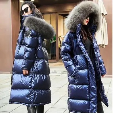 Fur collar Зимний пуховик женская верхняя одежда длинный с капюшоном утепленный яркий большой меховой воротник белый утиный пух пальто женские куртки - Цвет: Fur collar