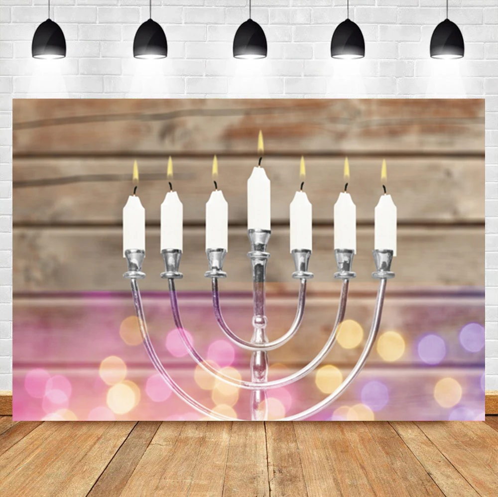

Laeacco Hanukkah Candle Menorah Wood Board Light Bokeh Dot Polka Birthday Backdrop Photographic Photo Background For Photo Studi