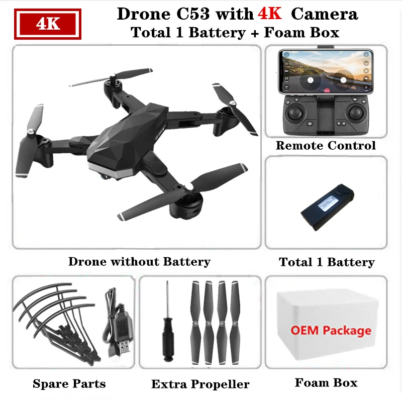 RC Drone C53 складной Дроны для селфи с 4K HD Двойная камера оптический поток следующий Квадрокоптер VS XS809S XS812 Вертолет игрушка - Цвет: 4K-Foam Box-1