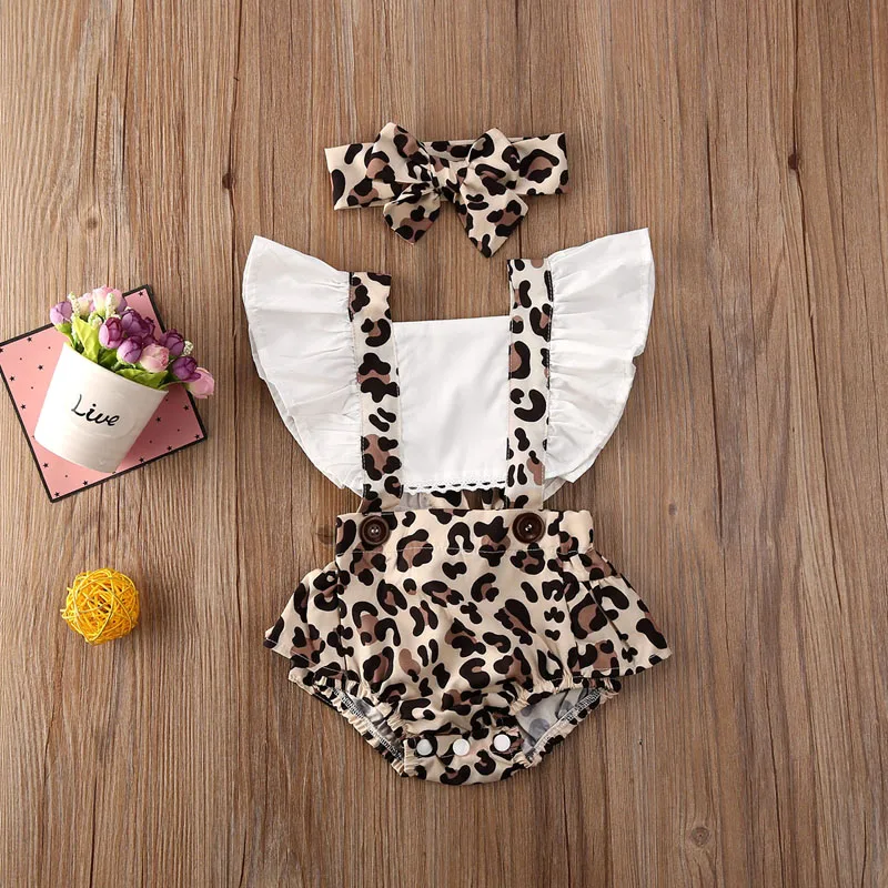 Focusnorm/летний комплект одежды из 2 предметов для новорожденных девочек от 0 до 24 месяцев, леопардовый комбинезон с открытыми плечами, повязка на голову, комплект одежды