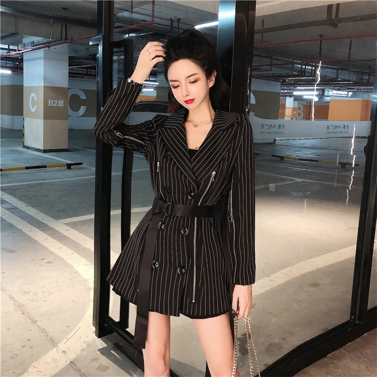 Price Control 77 Yuan Autumn And Winter WOMEN'S Dress Autumn Clothing Long Sleeve Zipper Double Breasted Stripes Mid-length