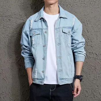 

Korean Spring Men's Denim Jacket Hole Handsome Couple Jacket Jacket Japanese Loose Student Denim Jacket