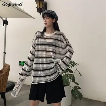 

Long Sleeve T-shirts Women Spring Striped Loose 2XL BF Streetwear Vintage Casual All-match Womens Tees Sun-proof Chic Summer New