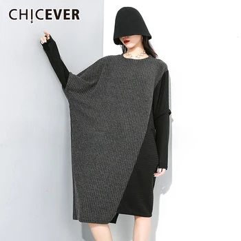 

CHICEVER Asymmetric Knitted Sweater For Women O Neck Batwing Sleeve Patchwork Hit Color Oversize Loose Female Dresses 2020 New