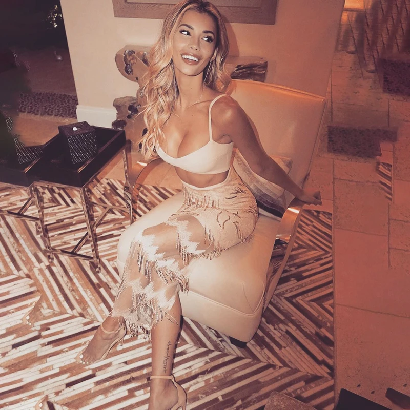 

Bandage Dress 2019 Chic Summer New Style Khaki Spaghetti Strap Dress Hollow Out Sequin With Lace Bodycon Dress Vestido Wholesale