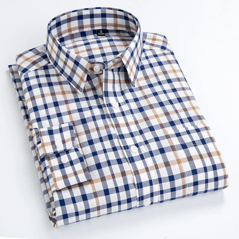 

Checkered Shirts For Men Pure Cotton Long Sleeve button Collar business Men's Casual Plaid Shirt 14colors Overshirt male tops