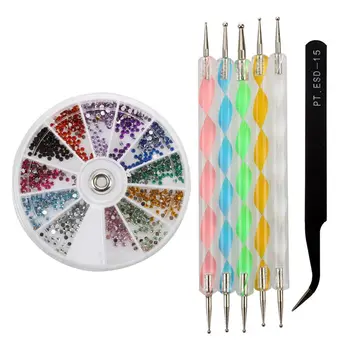 

3 in 1:2400 Piece Rhinestones ,Nail Art Tweezer for Rhinestones,and 5X2 Way Marbleizing Dotting Pen Set.