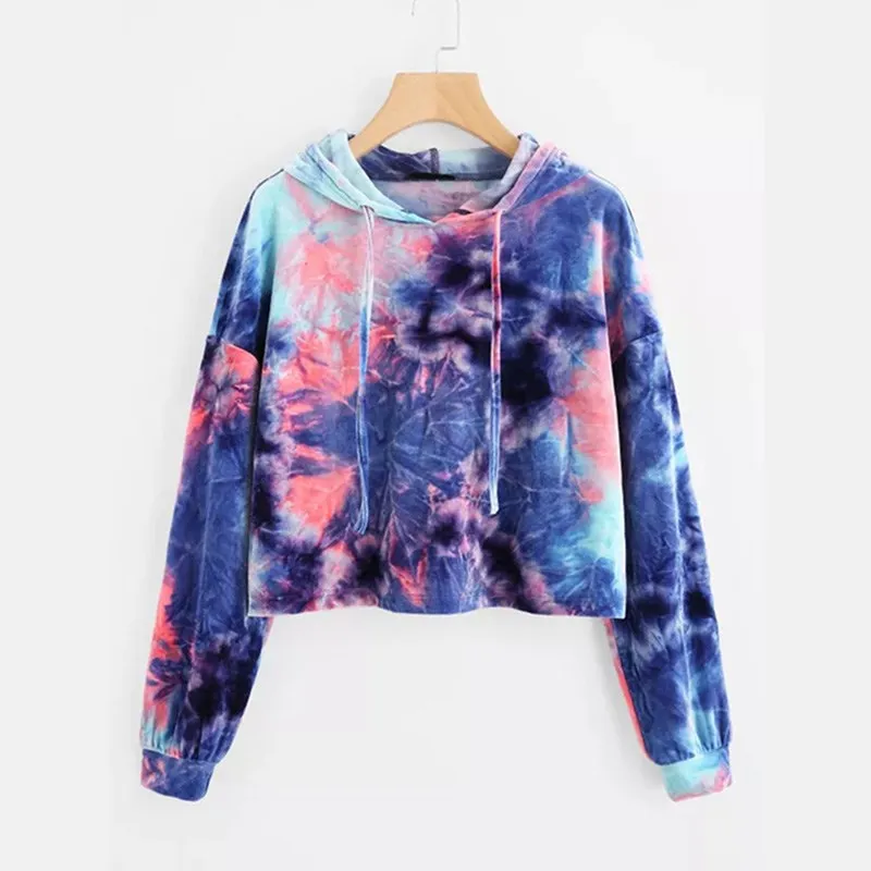 

Fall 2019 Women Casual Long Sleeve Tie Dye Hoodies Hooded Drawstring Loose Sweatshirt