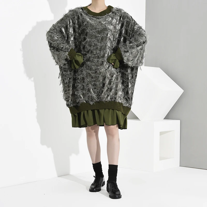 [EAM] Women Green Tassels Ruffles Split Big Size Dress New Round Neck Long Sleeve Loose Fit Fashion Spring Autumn 1K667