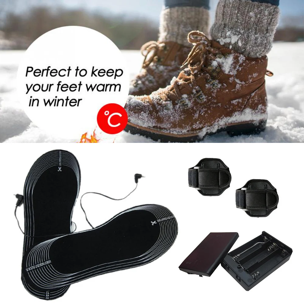 

Winter Heated Insoles Women Men Electric Battery Heating Warm Shoe Inserts Can Cut Carbon Fiber Foot Pads with battery box strap