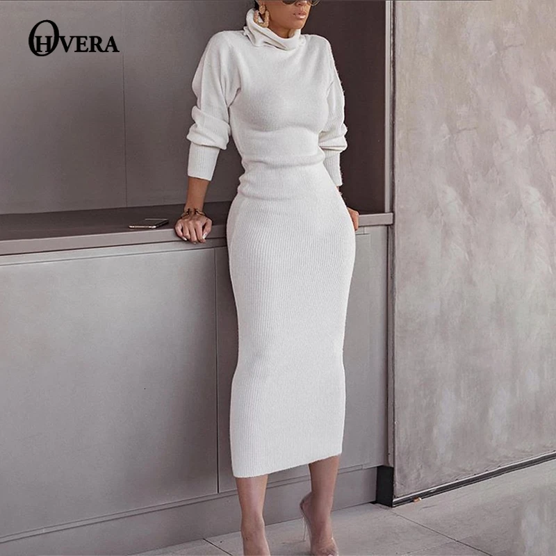 Ohvera, свитер, Бандажное осеннее платье, женское вязаное повседневное длинное платье с высоким воротом, женское осенне-зимнее вечернее платье vestidos
