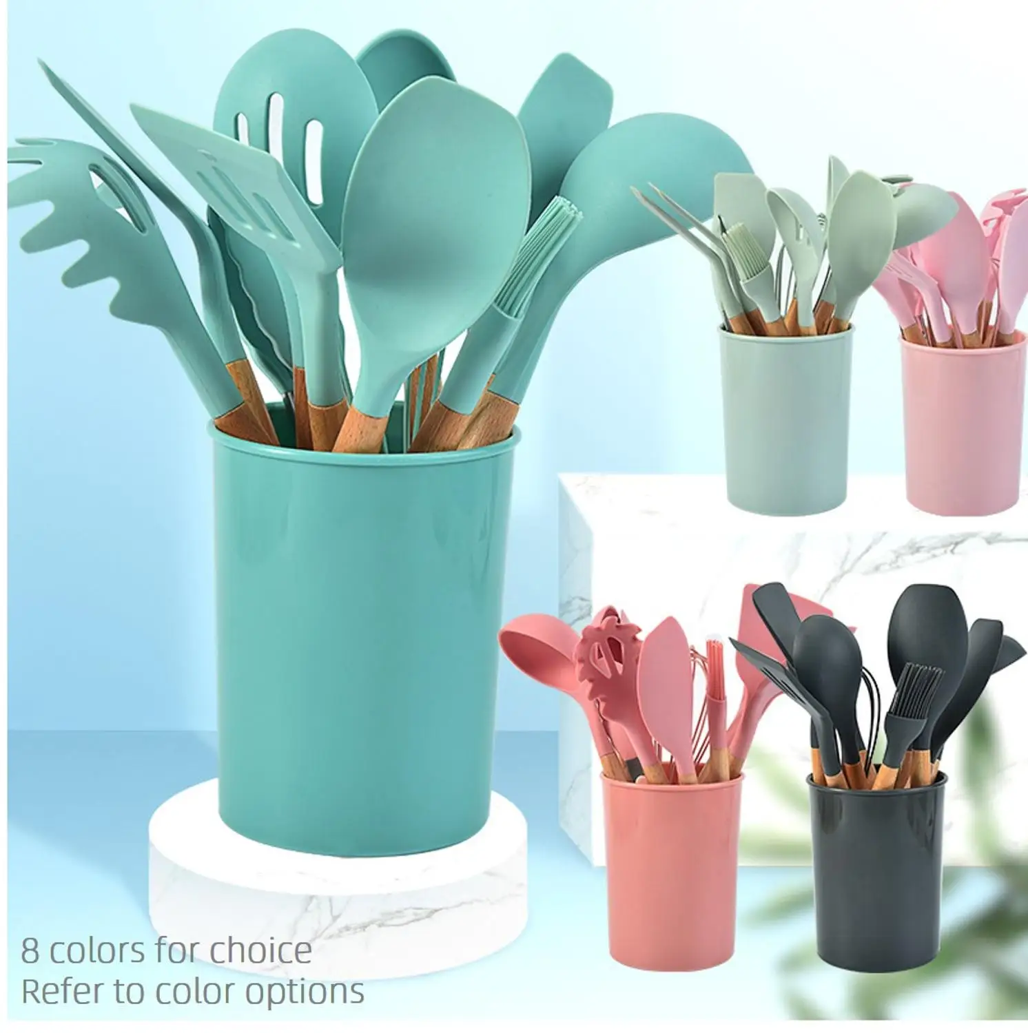 

12 PCS Silicone Cooking Utensils Set for Nonstick Pan Baking Tools Wooden Holder Kitchen Set Kitchenware Cooking Tools 8 colours
