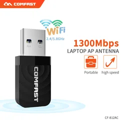 Mini adaptador de wifi, 1300mbps, usb, banda dupla, 2.4g/5.8g, antena de placa de rede sem fio, ac, adaptador wi fi para windows 7/8/10, mac os