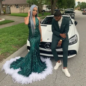 

White Feather Dark Green Mermaid Prom Dresses 2020 for African Black Girls Sequined Sexy V neck Court Train Formal Party Gowns