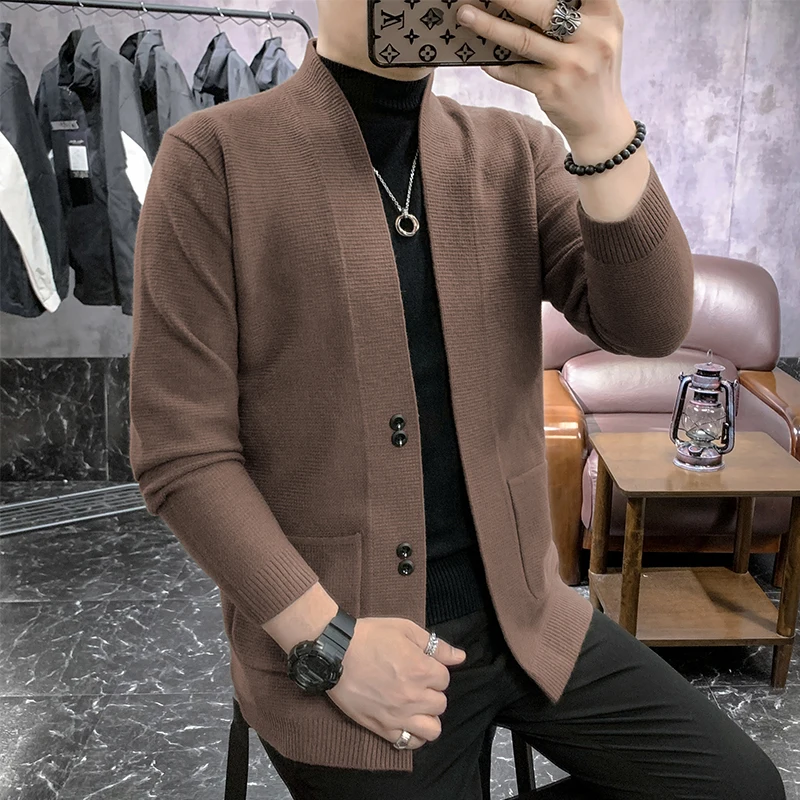 Cárdigan de alta calidad para hombre, suéteres informales sólidos con bolsillo frontal, ropa juvenil, moda coreana, cuello de pico, 3XL, 2020