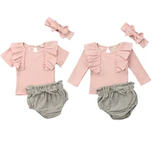 На возраст от 0 до 18 месяцев, милый наряд для девочек осень новорожденная девочка-новорожденный комплект рюшами длиной/футболка с коротким рукавом топ и шорты+ повязка на голову, комплект одежды