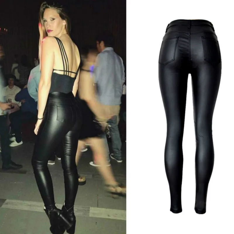 Koop Hoge Taille Pu Kunstleer Jeans Vrouwen Mode Black Elasticiteit Skinny Jeans Femme Push Up Slanke Vaqueros Mujer Potlood Broek
