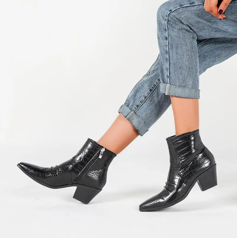 

Motorcycle Western Cowboy Boots Women Crocodile pattern Leather Short Cossacks 6CM High Heels Cowgirl Booties Ankle botas Shoes