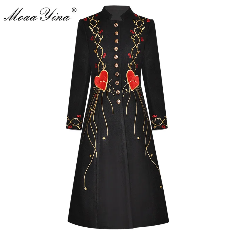 MoaaYina модное дизайнерское шерстяное пальто, зимнее женское однобортное пальто с длинным рукавом и воротником-стойкой, винтажное черное пальто с вышивкой