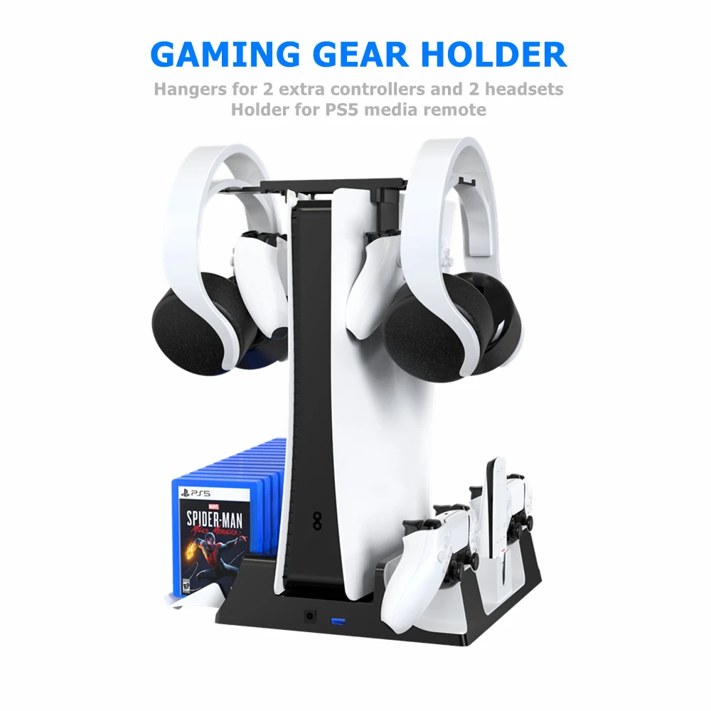 

Multi-Function Cooling Fan Base with HUB Handle Contacts Dual Controller Charger Headset Game Disc Storage Stand For PS5