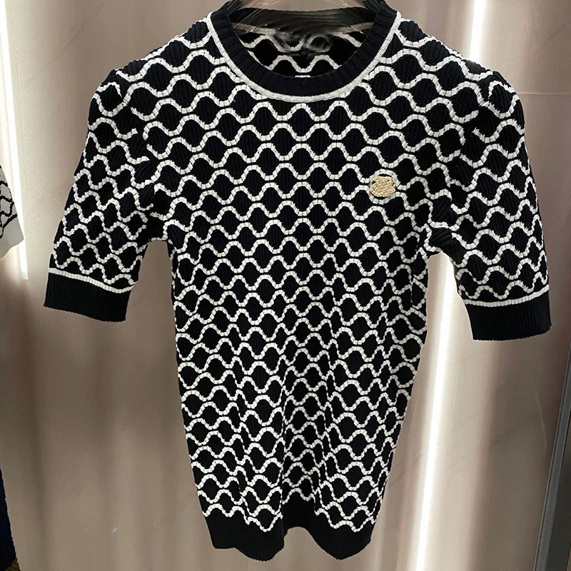 Luxury Sweaters for Women Top Quality Plaid Sweater Lady O-neck Short Sleeve Pullovers 2020 Summer | Женская одежда