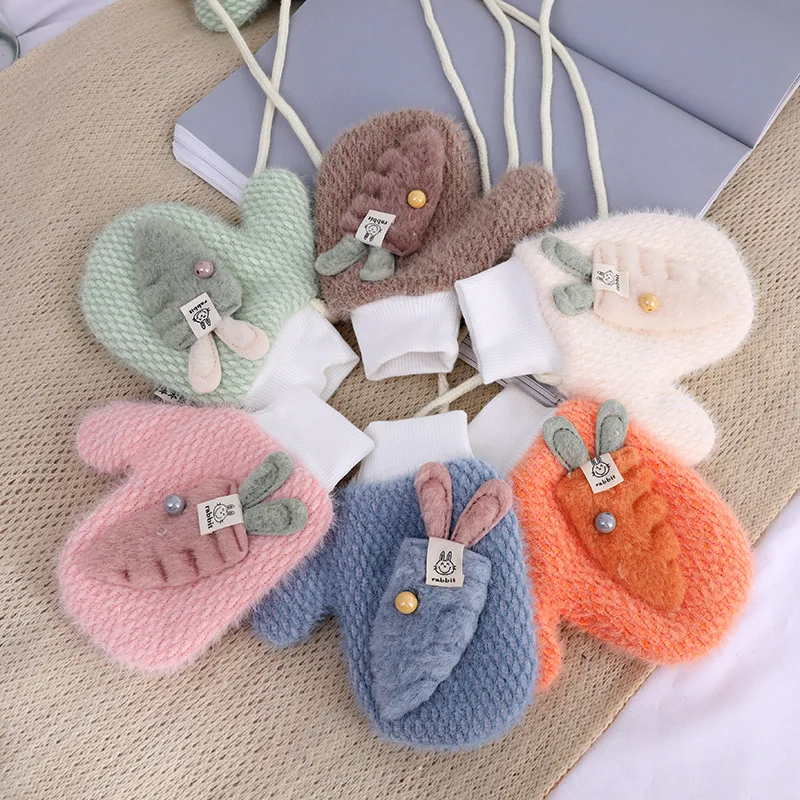 

Child Gloves Student Thicken Winter Warm Knit Plus Halter Gloves Cartoon Rabbit Carrot Pearl Full Finger Mittens Velvet Hanging