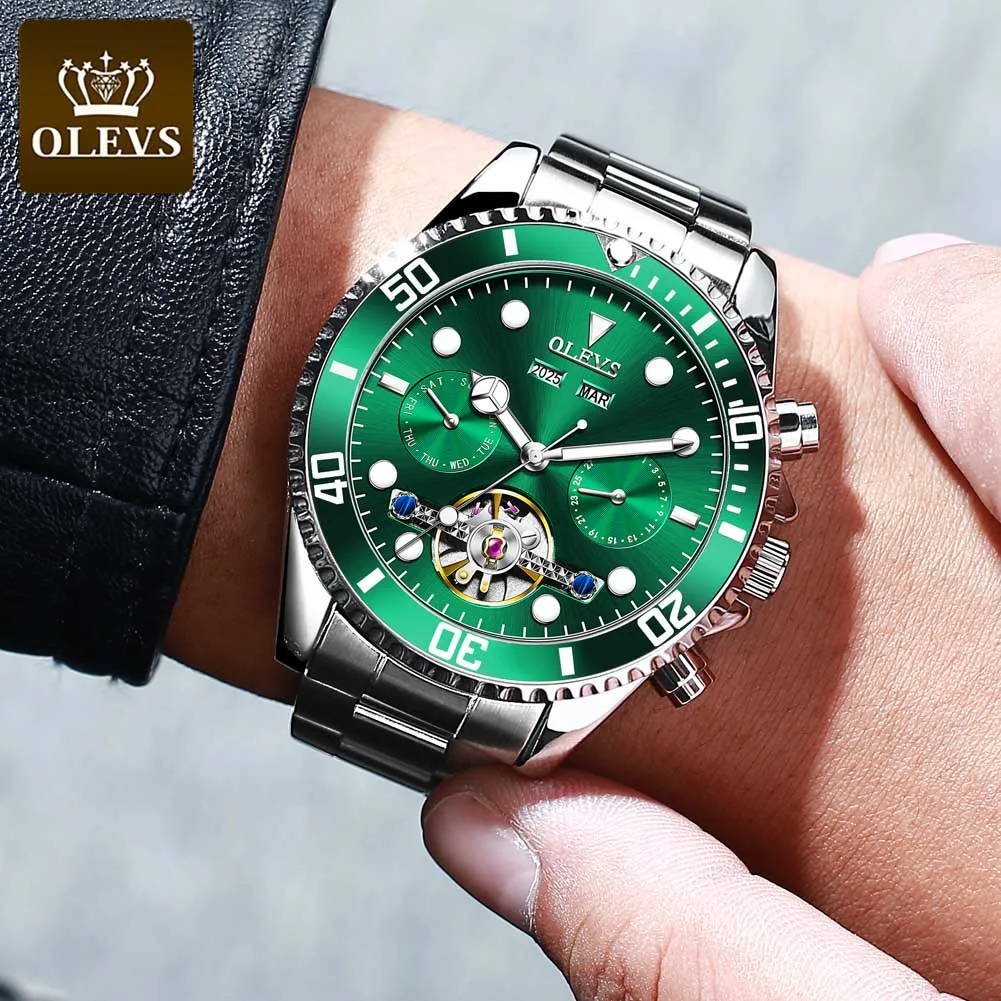 OLEVS Green Water Ghost мужские часы Топ люксовый бренд Stailness стальные автоматические