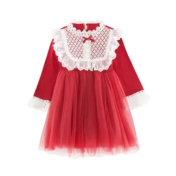 

red lace tulle vintage noble prom gowns age for 3 - 12 yrs little girls long sleeve dresses 2020 new spring clothes kids frocks