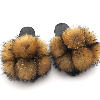 

Furry Slides For Women Summer Fluffy Slippers House Women Big Fur Female Sandals Fashion Indoor Ladies Flip Flops With Pompon