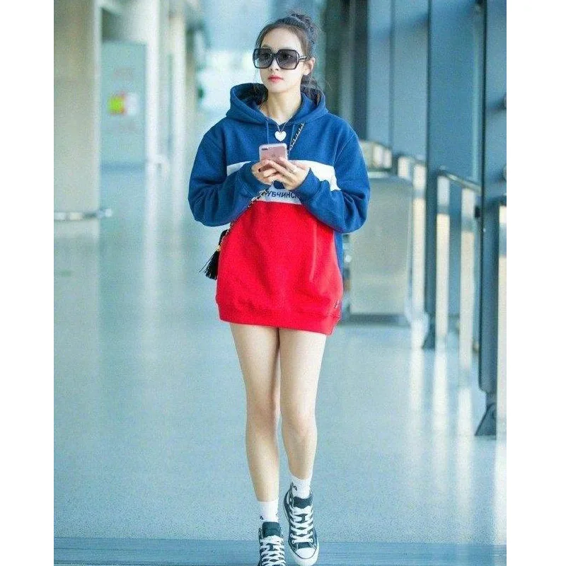 

Red and Blue Stitching Student Tide Loose Hooded Pullover Long Autumn Vests Sweatshirt 2019 Pullovers Full Sweatshirt Women