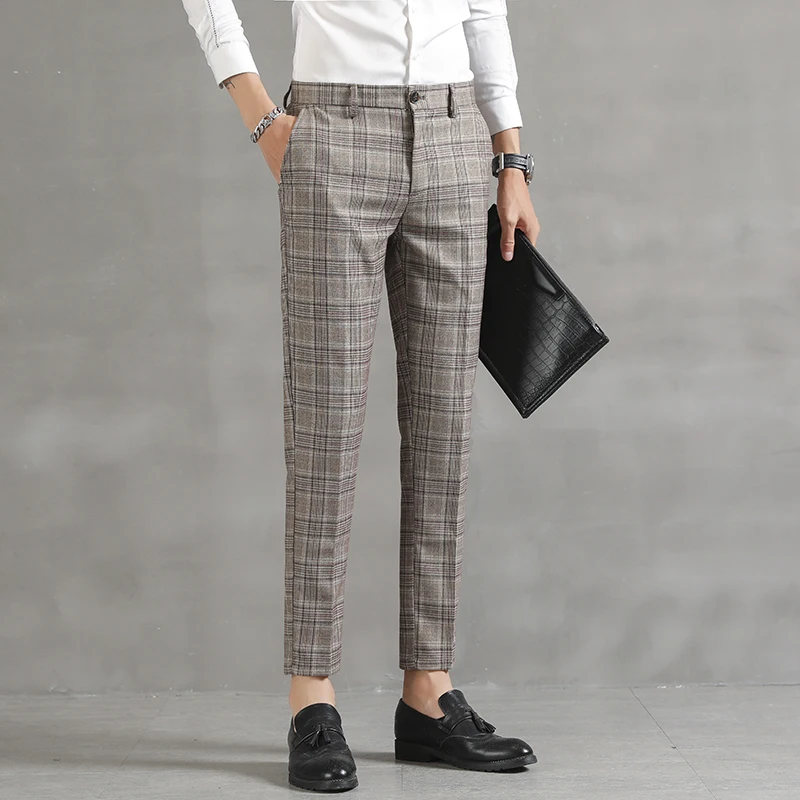Yasuguoji calça vestimenta masculina, xadrez, social, casual,
