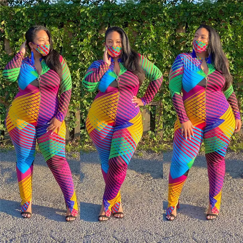 

Plus Size Jumpsuit Rompers 2020 Fall Autumn Front Zip Up V-neck Multicolor Print Long Sleeve Bodycon Playsuit XL-4XL
