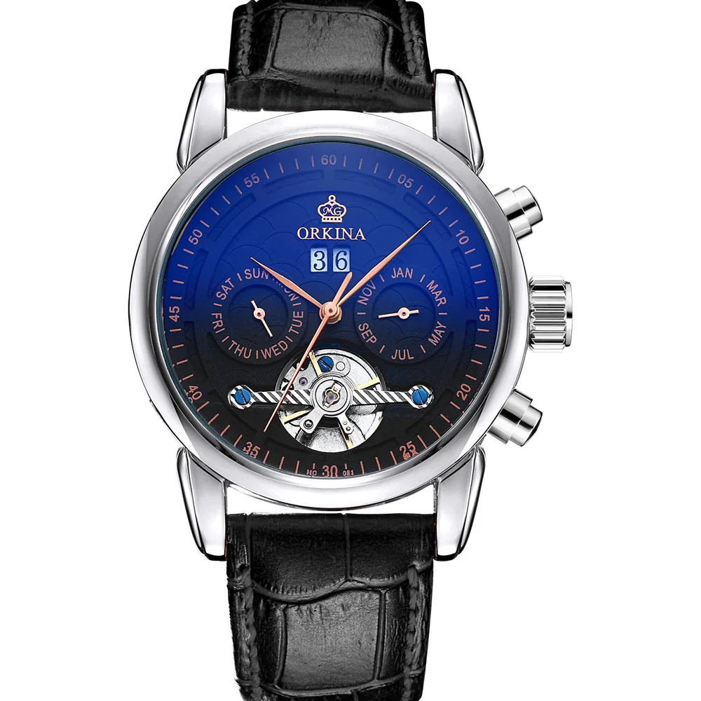 Мужские полые часы Tourbillon автоматические механические часы Календарь многофункциональный ремень мужские часы