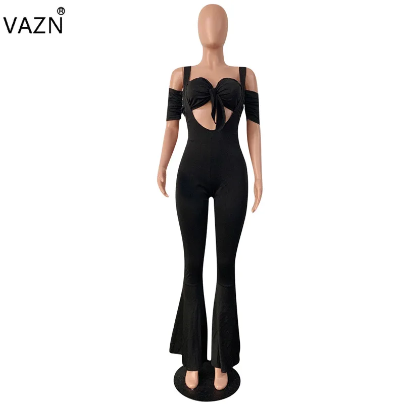 VAZN OFN6288 новые сексуальные Клубные специальные открытые модные однотонные с коротким рукавом без бретелек открытые бандажные Топы женские расклешенные jumpwuit