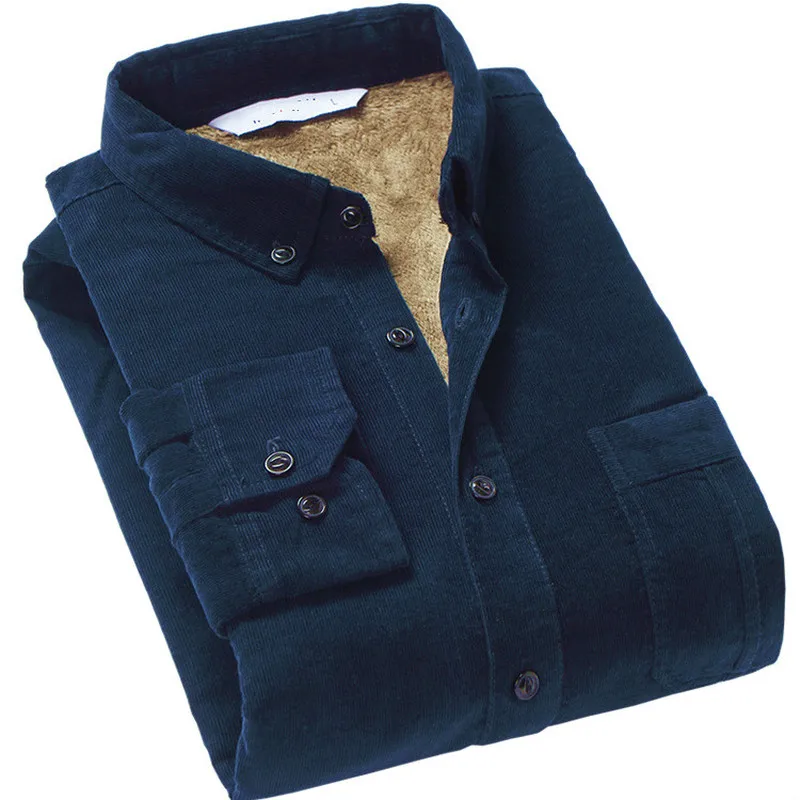 Men's Cotton Corduroy Warm Winter Shirt Thick Fleece Lining Thermal Shirt Long Sleeve Bottoming