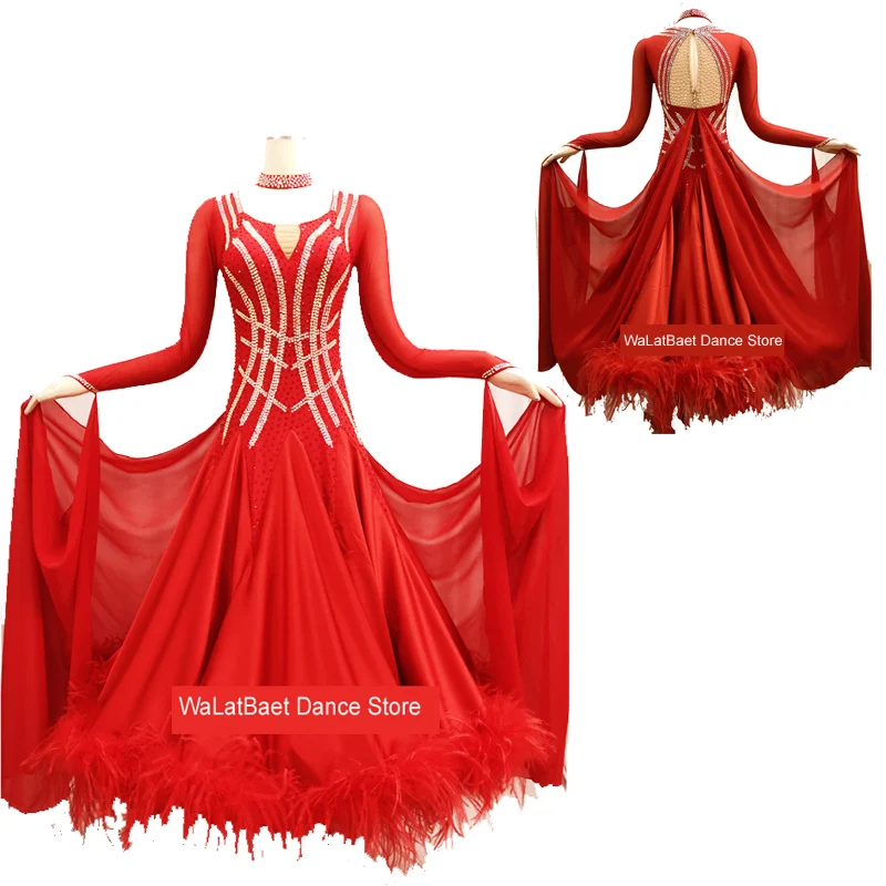 New Long Sleeve Ballroom Dance Competition Dress Waltz Social Standard Tango Costume Red | Тематическая одежда и униформа