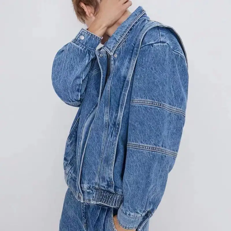 

19 Years New Style WOMEN'S Dress Loose Version of Retro Blue Fold-down Collar Elastic Waist Cowboy Jacket