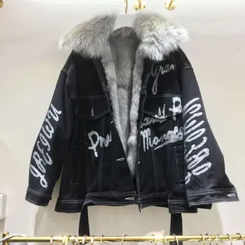 

Winter Women's Warm Natural Fox Fur coat + Real Rabbit Hair Liner Denim Jacket Female Letters Printed Fur Outerwear F2434